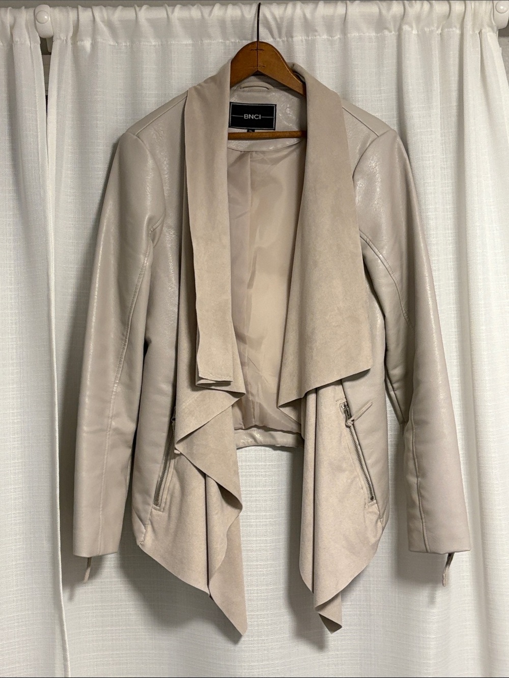 BNCI Women's Draped Faux Leather Jacket - Light Taupe